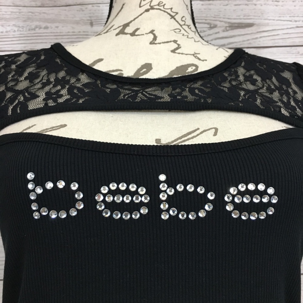 bebe Logo Shirt Rhinestone Lace PEAKABOO Top - Picture 4 of 8
